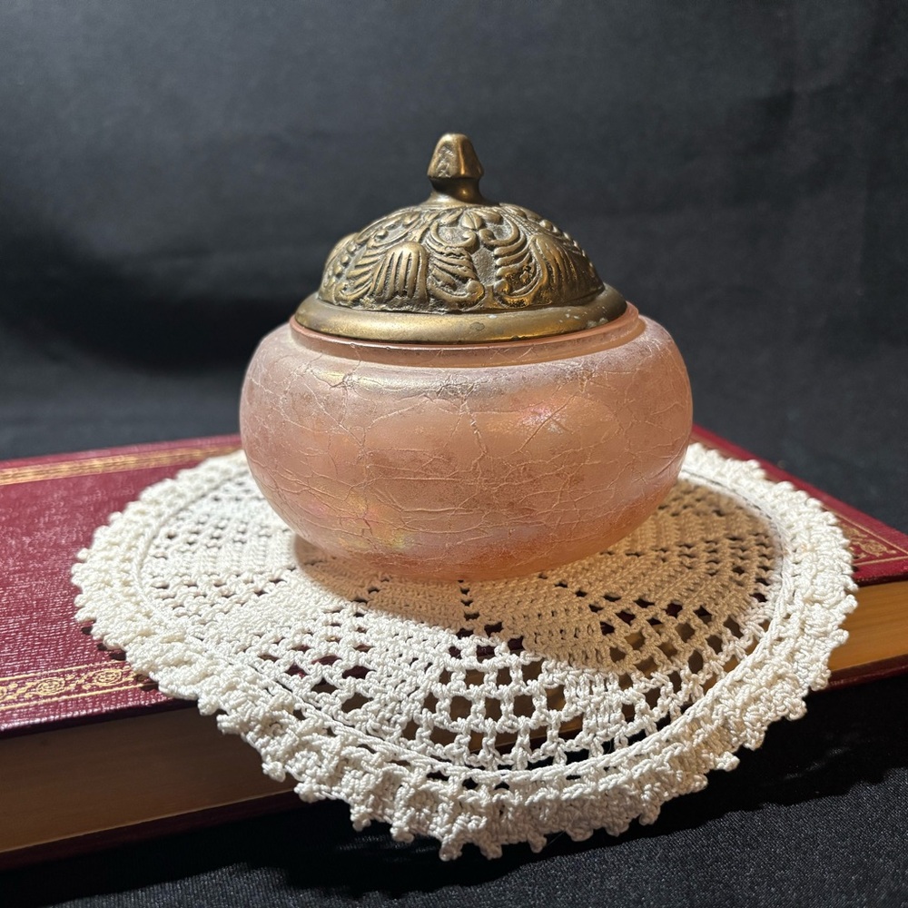Vintage Pink Mouth-Blown Crackle Glass Trinket Box with Brass Lid Made in Italy